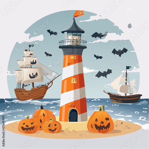 Halloween Lighthouse Scene Pumpkins, Ships, Bats, and Spooky Seascapes for the Holiday Season