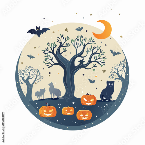 Mystical Halloween illustration of a spooky forest scene with black cats, glowing jack-o'-lanterns, and bats under a crescent moon
