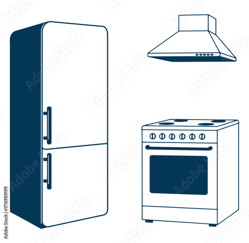 Illustrated kitchen appliances including refrigerator oven hood and stove in a simple clean style