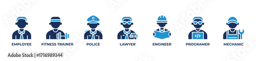 Professional Workforce Icons set vector illustration blue with  Employee, Fitness trainer, Police, Lawyer, Engineer, Programer, Mechanic
