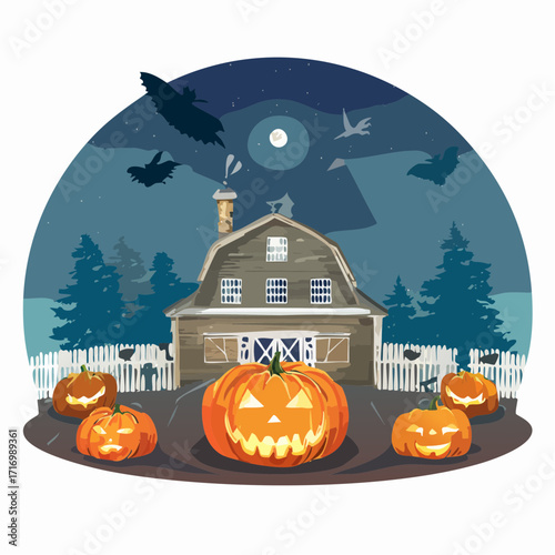 A mysterious country farm scene decorated for Halloween with carved pumpkins and a spooky barn under the moonlight