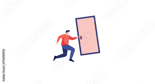 Urgency and opportunity: A man sprinting towards a symbolic doorway, representing prospects and forward progress