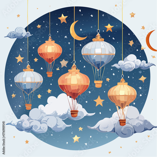 Celestial Celebration A Sky Full of Lanterns, Moon, and Stars