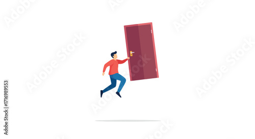 Symbolic illustration of a person opening a new pathway with a door representing opportunity and progress toward growth and aspiration