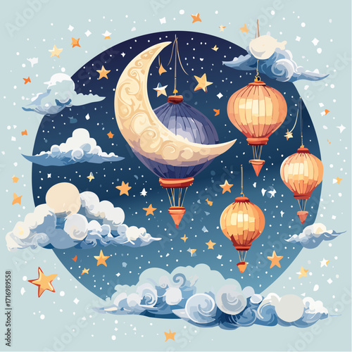 Enchanting nocturnal illustration depicting a whimsical crescent moon, glowing ornate lanterns, fluffy clouds, and twinkling stars in a serene, dreamlike sky, perfect for festive or decorative themes