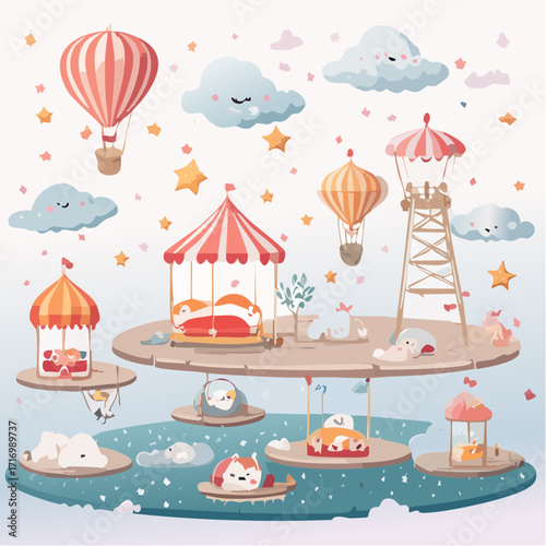 Whimsical Dreamland Adventure A Magical Scene of Clouds, Hot Air Balloons, and Sleeping Animals in a Fantasy Playground