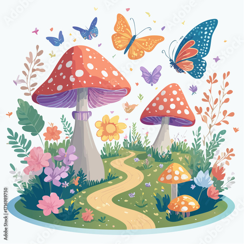 Whimsical Mushroom Garden with Butterflies A Delightful Illustration for Children