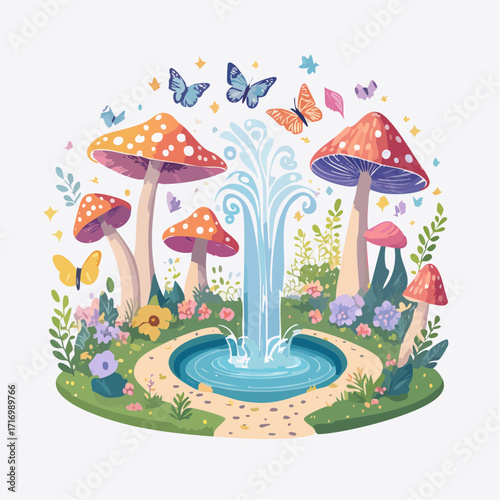 Whimsical Garden Scene with a Central Fountain, Mushrooms, and Butterflies, in Pastel Colors