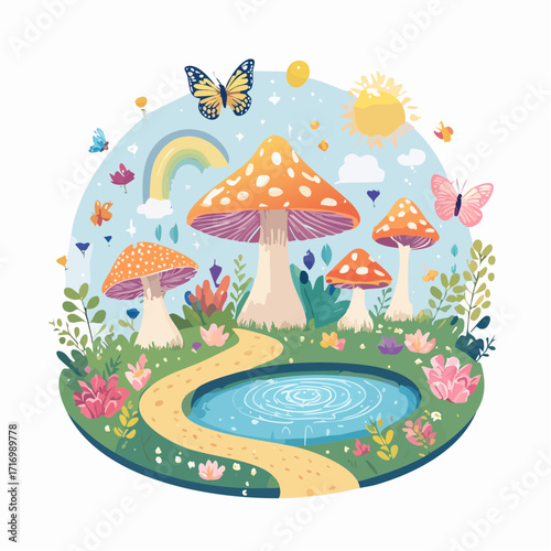 Whimsical forest glade filled with towering, spotted mushrooms, delicate flowers, fluttering butterflies, and a reflective pond, creating a magical and serene natural wonderland