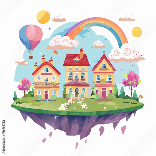 Whimsical Floating Island with Charming Houses, Rainbow, and Hot Air Balloon in a Colorful Illustration