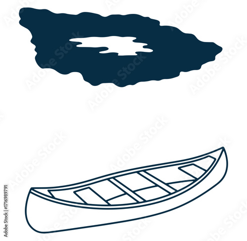 Outline illustration of a canoe floating on a dark lake against a white background