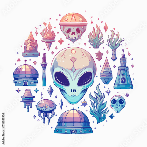 Whimsical alien and futuristic elements collection, featuring a central extraterrestrial head surrounded by glowing crystals and unique structures
