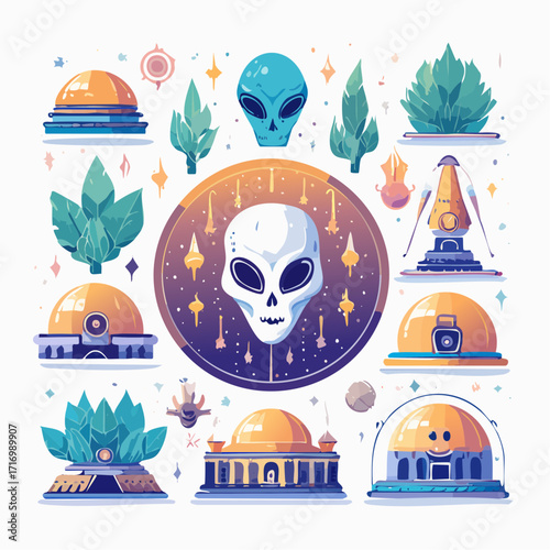 A diverse collection of illustrated icons depicting an extraterrestrial civilization with aliens, futuristic architecture, and cosmic flora