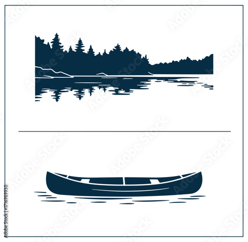 Scenic lake landscape with reflection and canoe in a vector illustration design