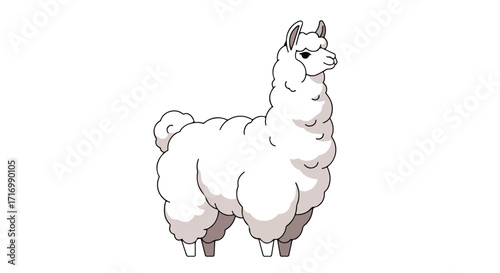 Whimsical White Llama Illustration with Fluffy Appearance Standing Calmly on a White Backdrop