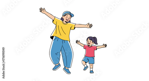 Joyful embrace: Mother and daughter sharing a moment of happiness and freedom illustration design with open arms and cheerful expressions feeling