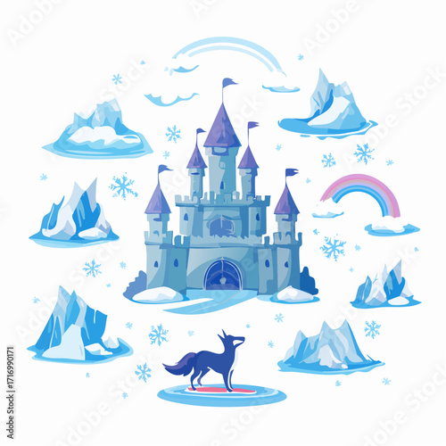 Enchanting Winter Castle Surrounded by Ice Formations and a Mystical Rainbow