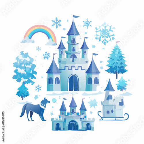 Enchanting winter fairytale illustration set with a majestic blue ice castle, a wolf, snowy pine trees, a sleigh, and a rainbow in a magical kingdom