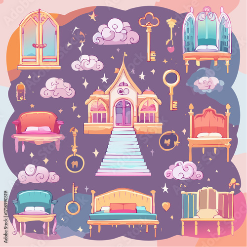 Whimsical collection of magical elements for a dream hotel or fantasy castle, including beds, keys, and clouds
