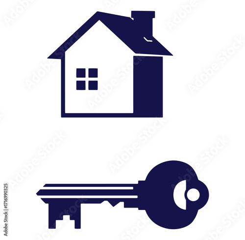Simple vector illustration of a house icon with a key representing home ownership and security