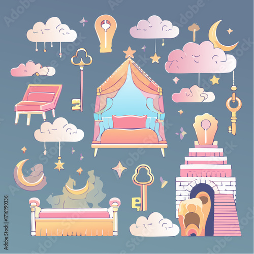 Enchanting Dreamland Collection of Whimsical Elements for Creative Designs, Featuring Magical Beds, Soft Clouds, Sparkling Stars, Lunar Moons, and Fairytale Keys
