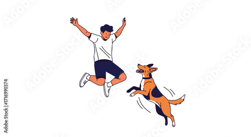 Animated Illustration Showing a Man Joyfully Jumping with His Energetic Dog in Minimalist Style depiction of companionship and healthy outdoor