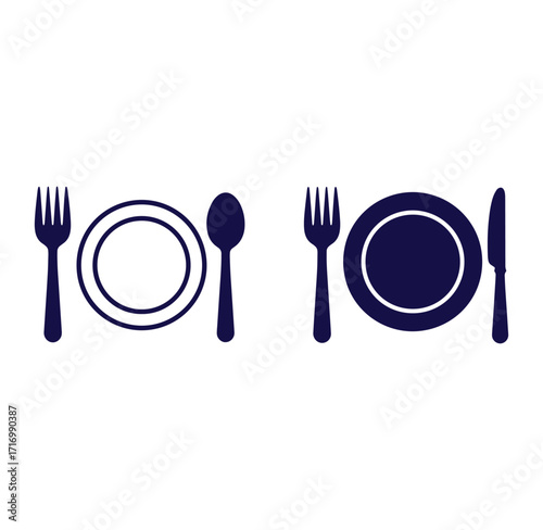 Simple vector illustration of tableware including plates forks spoons and knives on white background