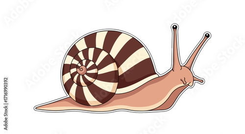 Illustration of a whimsical snail with a striped shell, a playful and charming animal sticker or design element showcasing nature's slow traveler