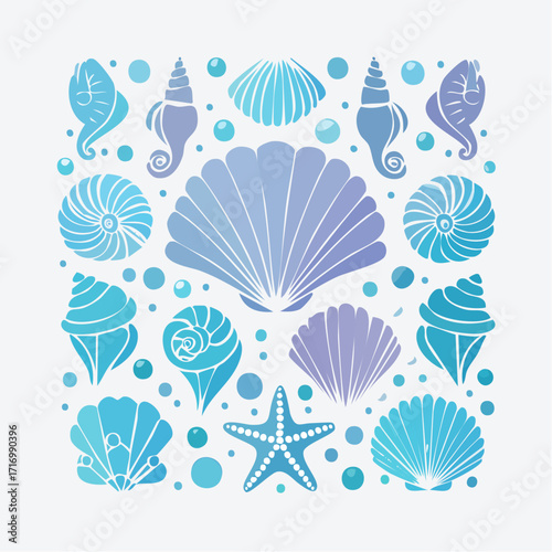 Nautical concept design featuring a beautiful collection of stylized seashells, a starfish, and ocean bubbles in a blue and purple gradient