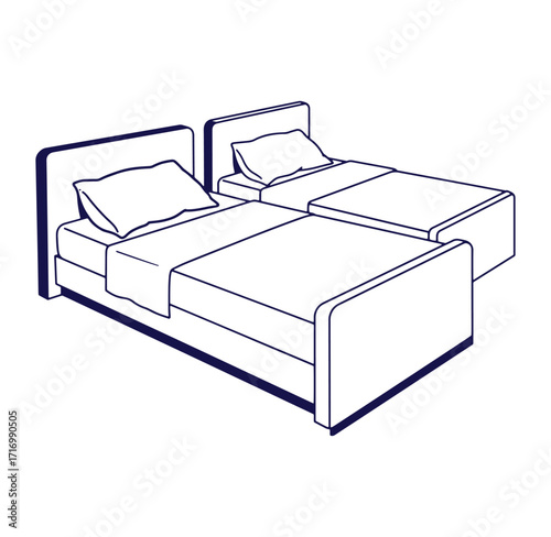 Two modern twin beds outline illustration depicting furniture for a bedroom concept