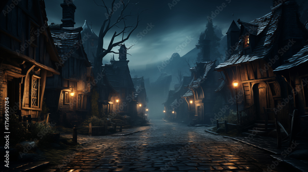 Fototapeta premium Dark Village Street with Lit Lanterns in the Night