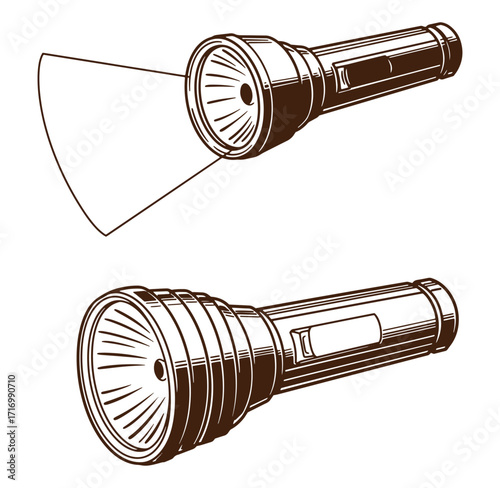 Vector illustration of a detailed vintage flashlight showing light beam projection and design