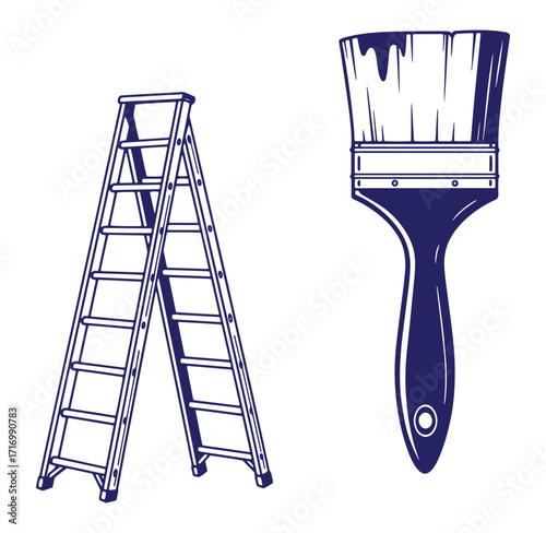 Vector illustration of a stepladder and paintbrush representing construction and decoration