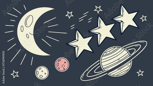 Hand Drawn Space Elements with Moon and Planets.