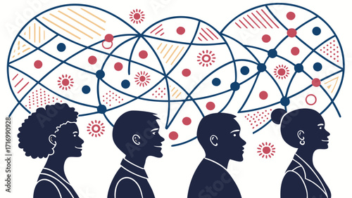 Diverse group of people in profile view connected by abstract network.