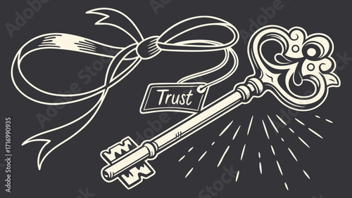 Antique Key with Trust Tag and Ribbon.