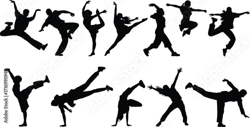 Dynamic Dance and Athletic Silhouettes Vector on White Background Featuring Expressive Human Motion, Flexibility, Performance, and Physical Movement Themes