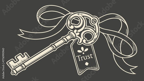 Vintage key with ribbon and trust tag antique key design ornate key decorative key key with ribbon trust concept.