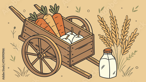 Hand drawn wooden cart with fresh carrots and farm produce.
