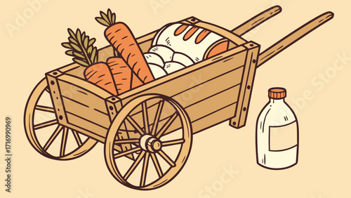 Wooden cart with carrots bread eggs and milk.
