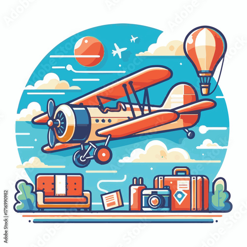 biplane, airplane, plane, aircraft, air, propeller, flight, sky, vintage, aeroplane, old, fly, retro, aviation, transport, wing, pilot, travel, illustration, red, background, vector, transportation, w