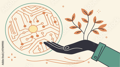 Hand balancing a growing plant and a technology circuit board.