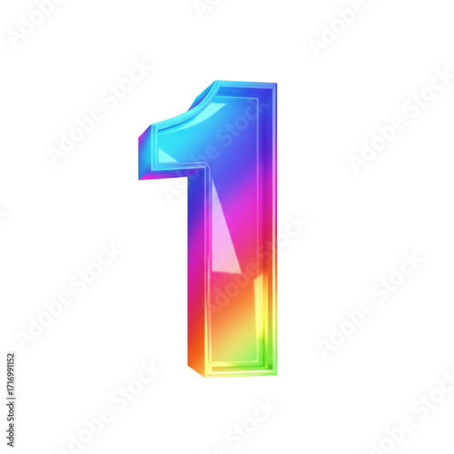 Bold 3D number 1, bright neon tones with shiny reflections, isolated on white background, square 1:1 ratio, stylish and eye-catching