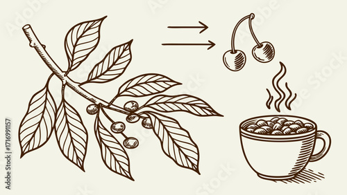 Coffee plant branch with leaves and berries transforming into a cup of hot coffee.
