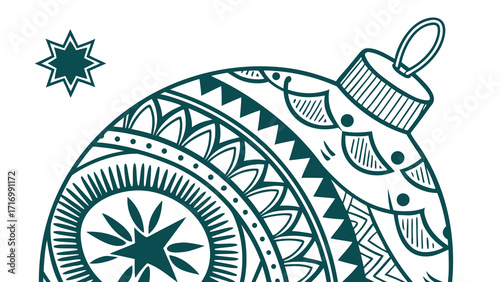 Hand drawn Christmas ornament with intricate folk patterns.