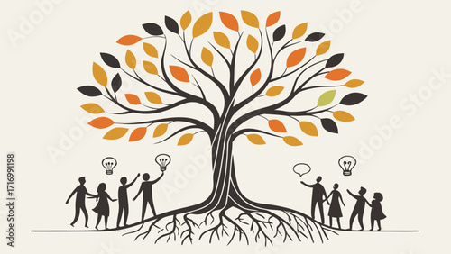 Tree of Knowledge People Sharing Ideas Under a Tree with Colorful Leaves.