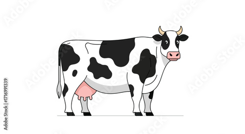 Cartoon Holstein Dairy Cow Standing, Featuring Black and White Spots on a Clean Background, Simple Illustration
