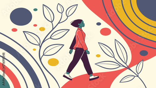 A woman walks confidently through a stylized natural environment.