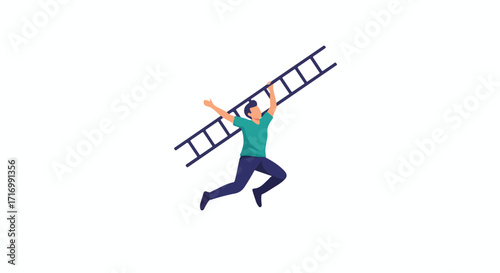 Conceptual depiction of a man running with a ladder, symbolizing ambition and overcoming obstacles on the path to success