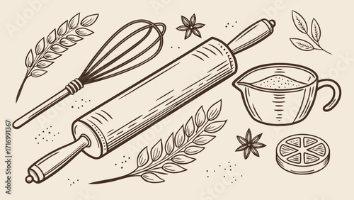 Baking tools and ingredients in a vintage handdrawn style.